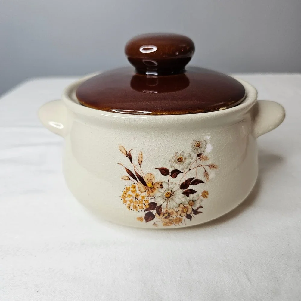 Vtg Woolworth Country Bouquet Floral Stoneware Soup Onion Casserole Dish w/ Lid